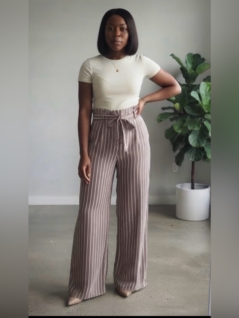 Express Striped Paperbag Waist Wide-Leg Pants